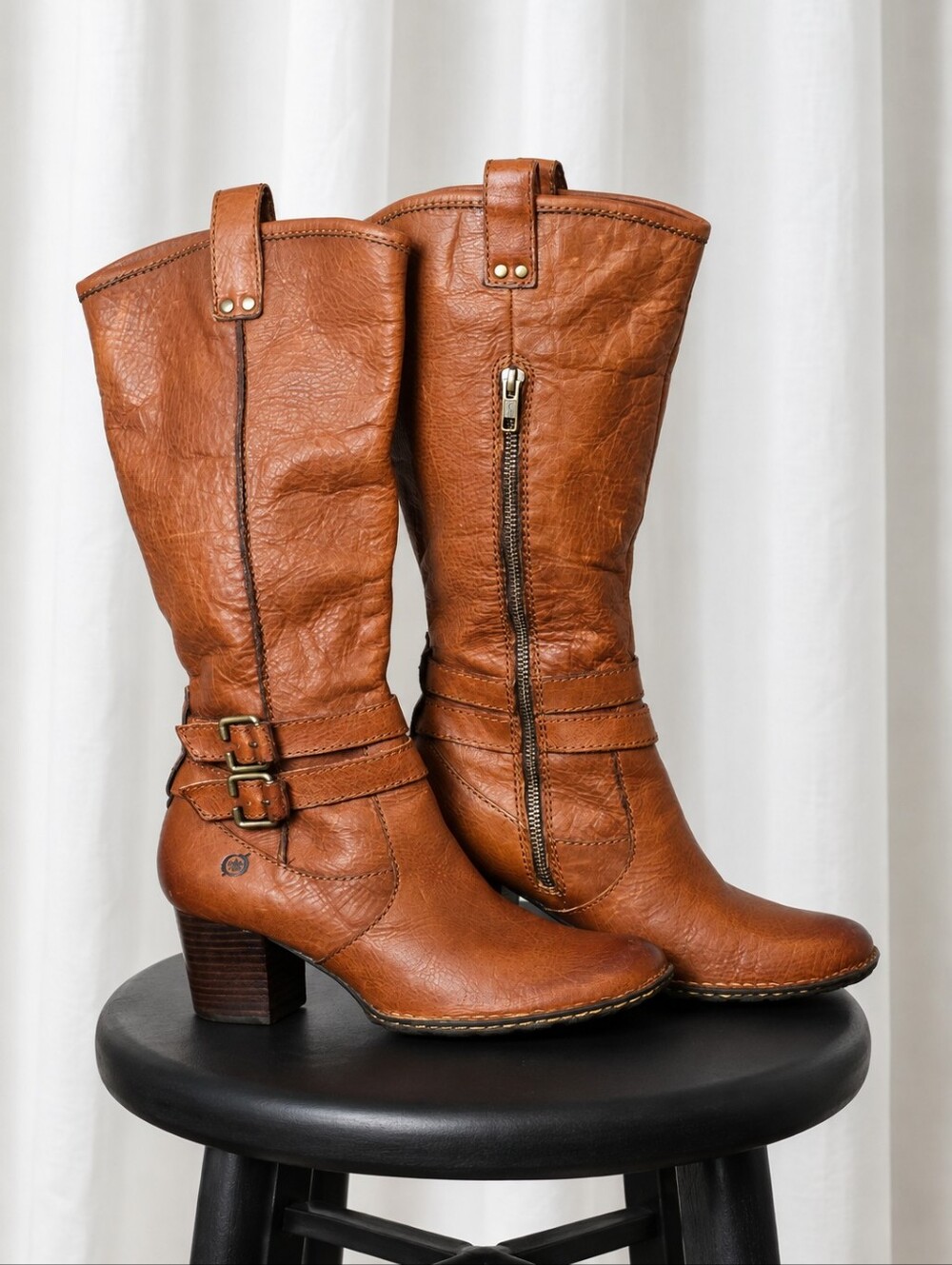 Born Cognac Leather Mid Calf Boots Double Buckle Side Zip Block Heel